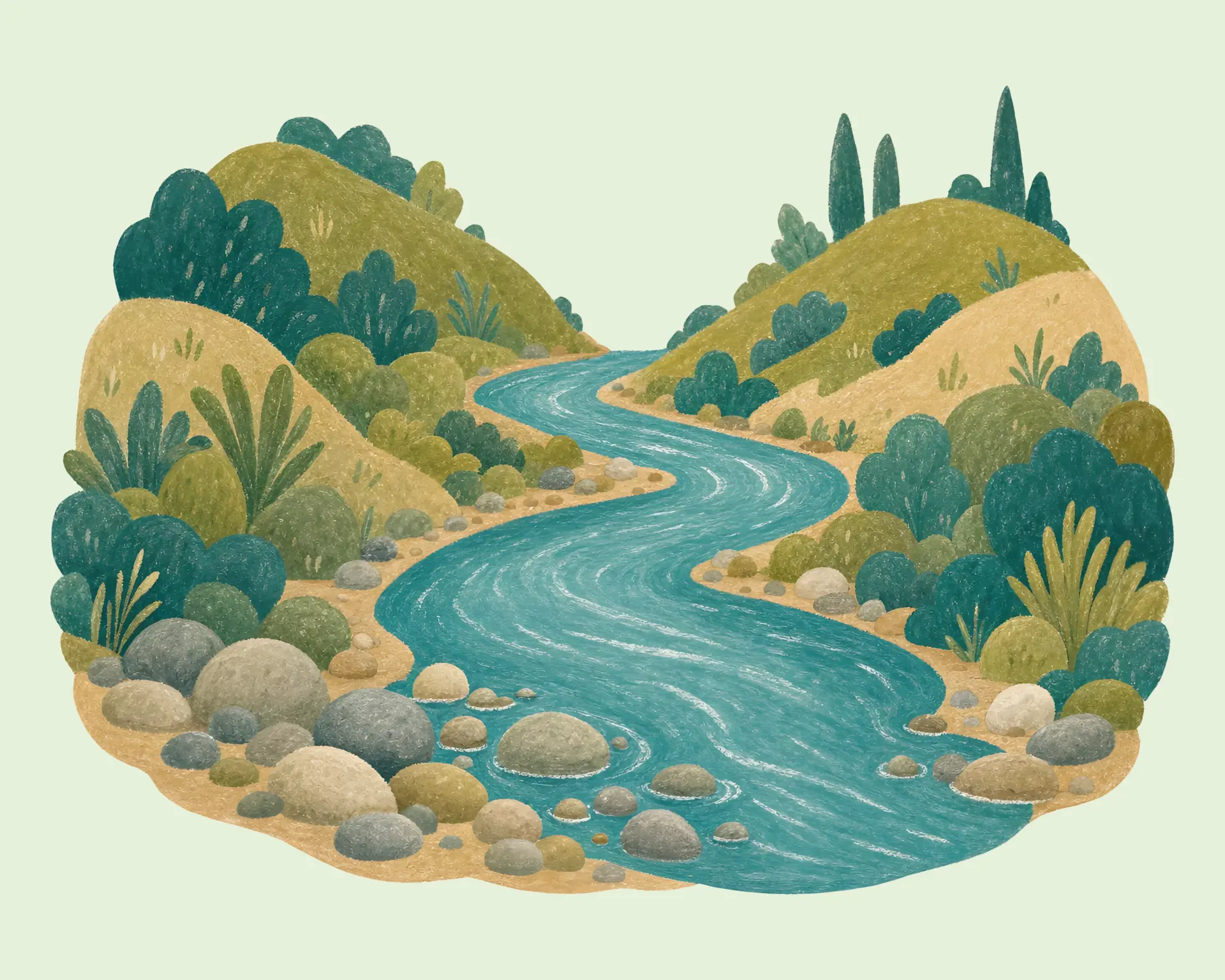 Illustration of a winding river flowing between green hills